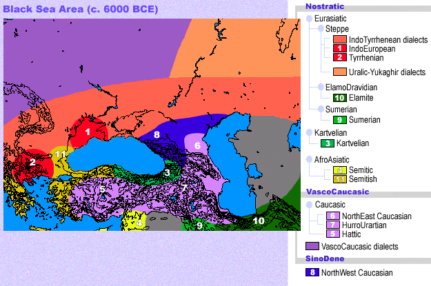 Rozmieszczenie języków w rejonie Morza Czarnego około roku 6000 p.n.e.
